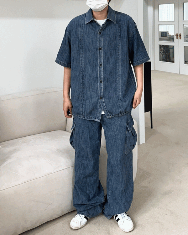 Yuzuki linen denim half shirt (2color)